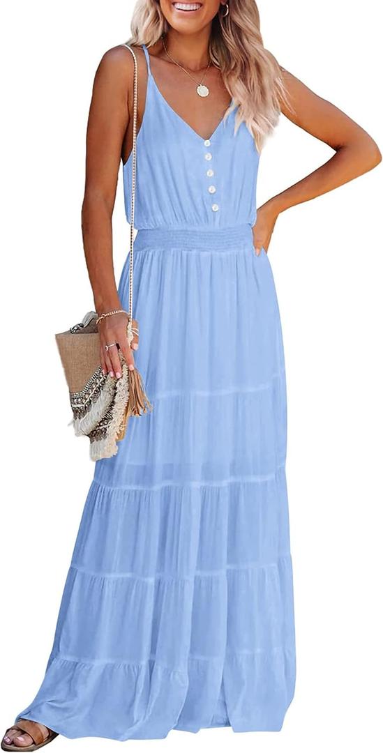 PRETTYGARDEN Women's 2026 Summer Maxi Dress Spaghetti Strap Sleeveless High Waist Beach Vacation Long Sundresses (Blue, S)