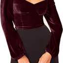 R.Vivimos Women's Fall Velvet Long Sleeves Square Neckline Casual Vintage Crop Tops Blouse (X-Large, WineRed)