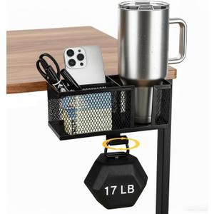 4 in 1 Metal Clip On Cup Holder Attachment for Gaming Desk or Table, Fits up to 40oz Cups, Sturdy and Easy to Clamp, Attachable Anti-Spill Cup Holder for Chair, Bedside, Bottles, Drinks - Black