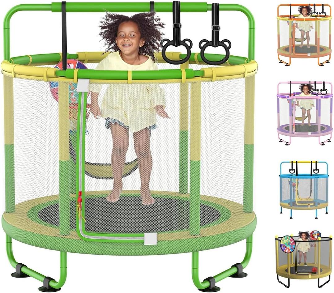 LANGXUN 60" Trampoline for Kids, 5ft Toddler Mini 6-in-1 Trampoline Indoor Outdoor with Swing, Basketball Hoop, Dart Board, Rings, Christmas Toys Birthday Gifts for Girls Boys