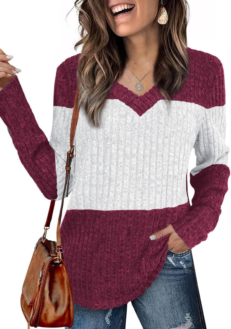 Womens Tops Fall Fashion Sweatshirts for Women V Neck Long Sleeve Sweaters Lightweight Dressy Casual Pullover (S)