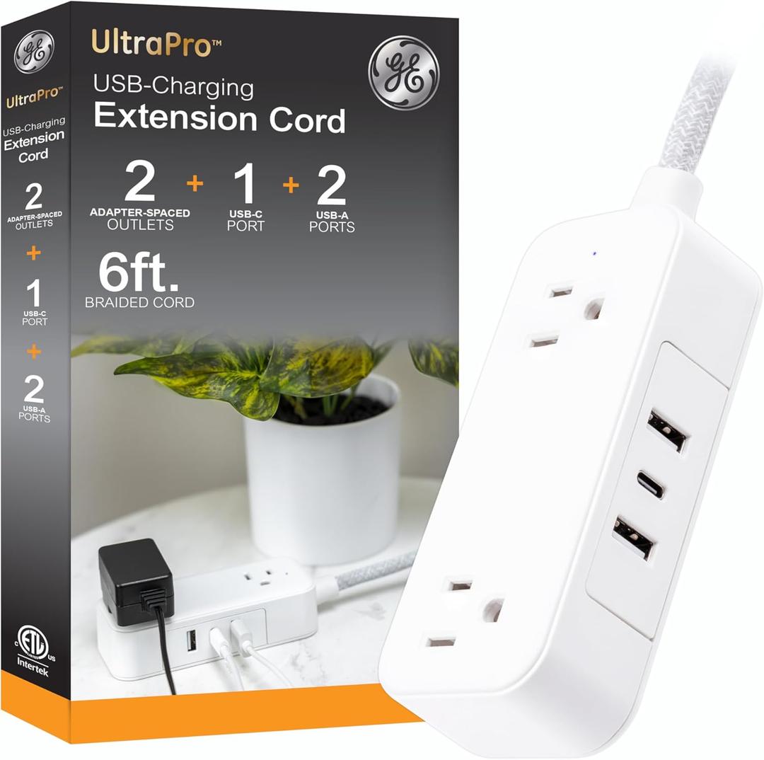 GE Flat Plug Power Strip Extension Cord with USB Ports, Travel Power Strip with 2 Outlets 3 USB Ports, Cruise Ship Essentials, 6 Ft Braided Small Extension Cord Flat Wall Plug, ETL Listed White, 81597