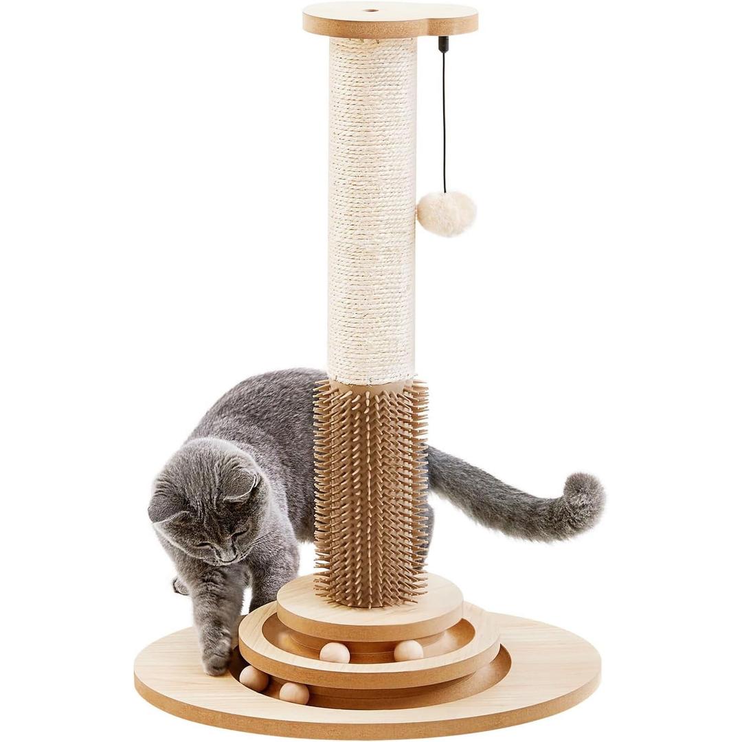 Made4Pets Cat Scratching Post, 23" Tall Sisal Cat Scratcher Post with Self Groomer, 4in1 Interactive Trackball Toys with Hair Brush, Vertical Cat Climbing Tree with Dangling Plush Balls