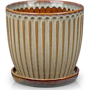Oairse Ceramic Pots for Indoor Plants, 7.8 inch Pots for Plants Brown Planters with Drainage Holes and Saucers Texture Ceramic Planters Indoor Outdoor for Succulent