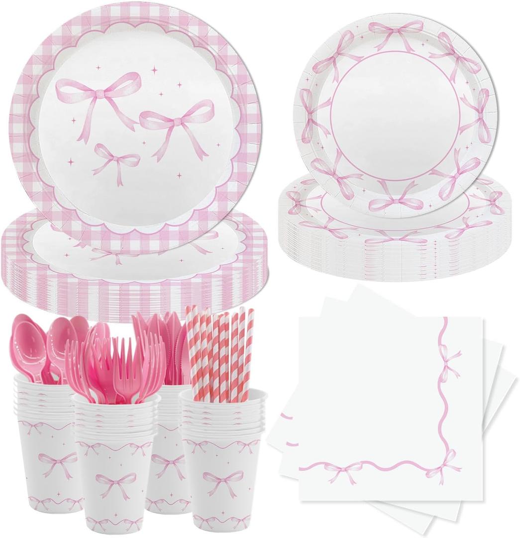 MEHOFOND 216 Pcs Coquette Disposable Paper Dinnerware Set, Pink Bow Party Tableware Decor, Paper Plates Napkins, Women Bridal Shower Bachelorette Engagement, Girls Birthday Party Decor, Serves 24