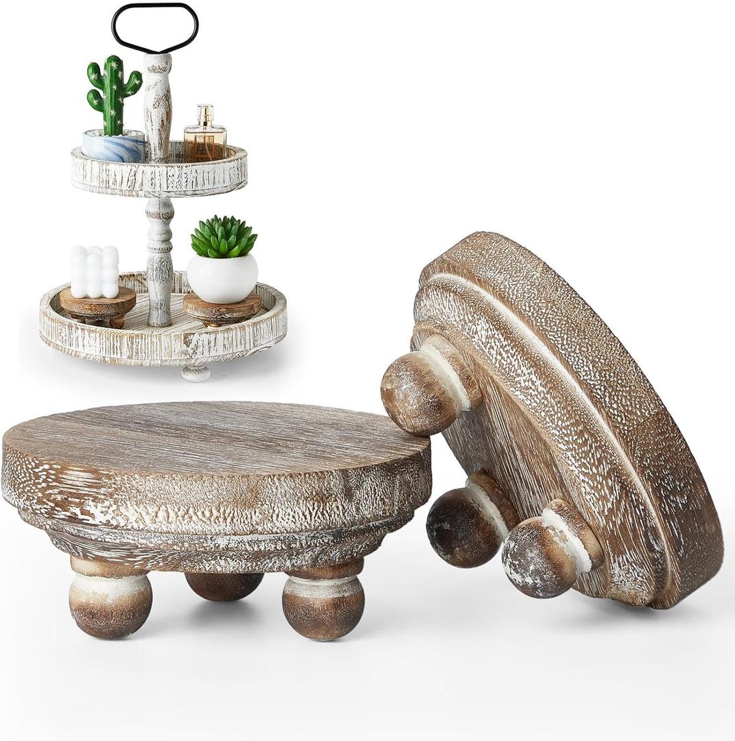 Set of 2 Mini Wood Risers for Decor Round Wooden Riser Small Wooden Stool Display Stand Farmhouse Rustic Wood Pedestal for Plant Pot Tiered Tray Decor Cake Food Collection Display(Brown)