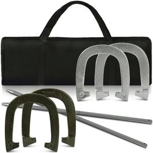Horseshoes Outside Game - Steel Horseshoe Set - Yard Game Kit with 4 Heavy Duty Horseshoes, 2 Solid 24" Stakes & Carrying Bag - Classic Lawn Games for Adults, Backyard, Camping (Black/Sliver)