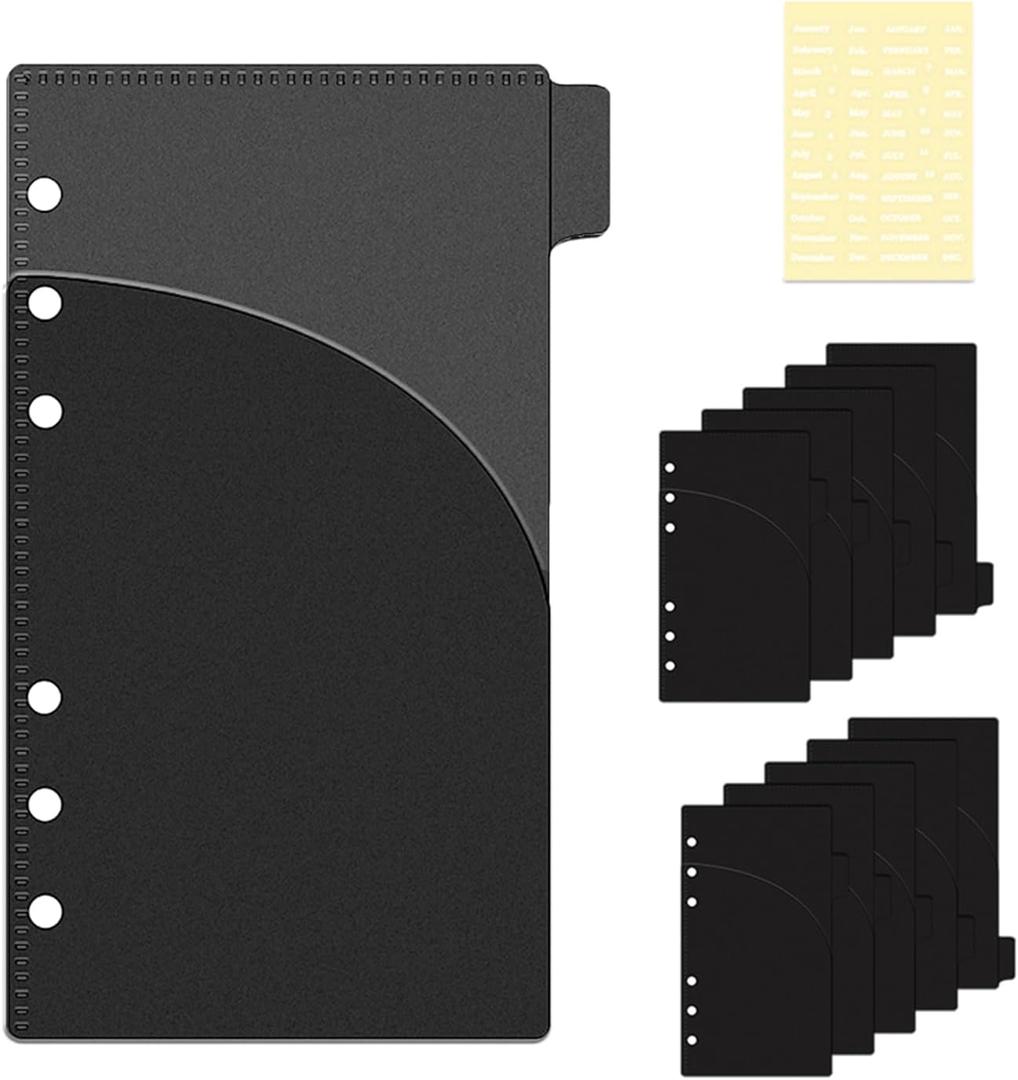 NatSumeBasics 12 Black A6 Binder Pocket Dividers with Label Sticker A6 Cash Envelopes for 6 Rings Budgeting Binder Inserts Supplies Accessories (12 Black)