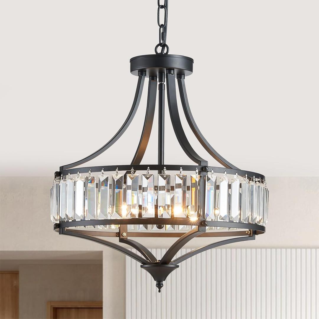 Black Crystal Chandeliers for Dining Room, Round Rustic Farmhouse Chandelier with Metal Shade 4-Light Modern Pendant Lighting for Hallway, Bedroom, Foyer (15.7"-Black)