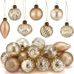 Syhood 24 Pcs Mercury Glass Christmas Ornaments 2.36 Inch Antique Vintage Glass Ornaments Rustic Xmas Balls for Christmas Tree Wreaths Garland Party Wedding Decoration(Gold,Circle)