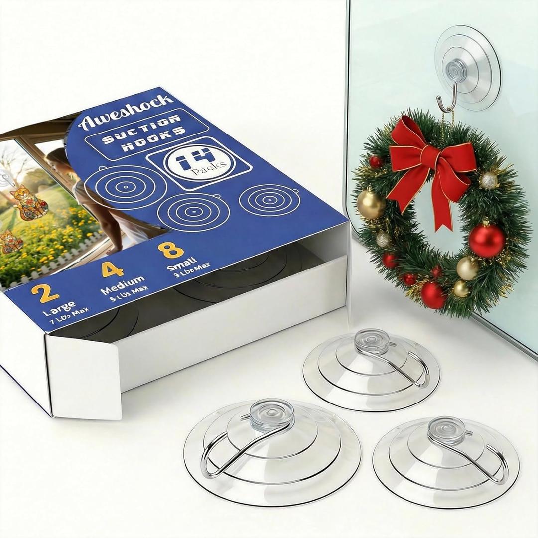 Suction Cup Hooks for Glass Window, 14 Packs Combo -8 Small 4 Medium 2 Large,Waterproof Wreath Hangers for Glass Front Door, Window Suction Cups with Hooks - Removable Mini Small Suction Cups (14PCS-Various Size)