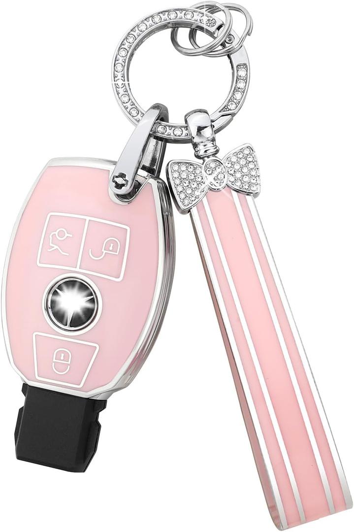 PIFOOG for Mercedes Key Fob Cover 3 Button Pink TPU Bling Car Key Chain Accessories Keys Case Shell Protector for Mercerdes Benz AMG GLC GLA CLA GLS GLE GLK CLS C 300 G E S ML Class Women Girly