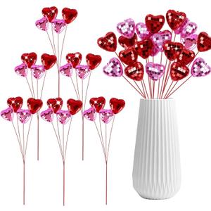 6 Set Valentines Day Glitter Heart Foam Picks with Mirror Disco Balls Stems Heart Shaped Valentines Tree Topper Valentines Floral Picks for Valentine's Day Vase Centerpieces Wedding Party Decor Gifts (Red Pink)