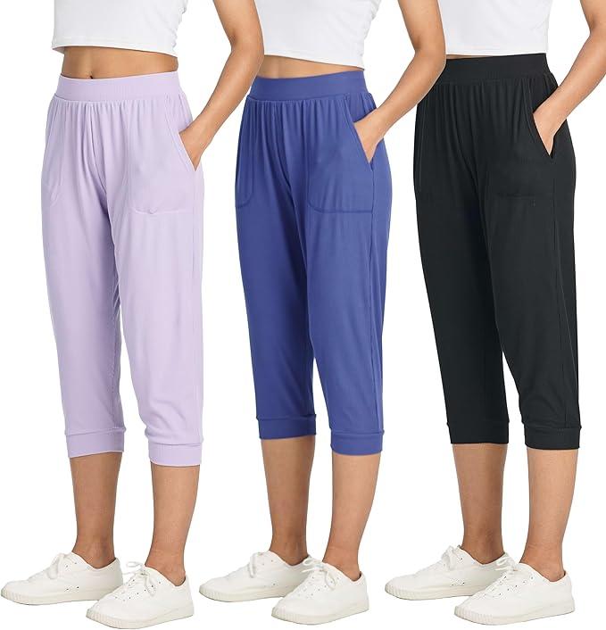 Real Essentials 3 Pack: Women's Ribbed Capri Jogger Lounge Sweatpants with Pockets Yoga Workout (S)