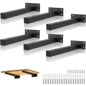 Heavy Duty Floating Shelf Brackets 12 Inch, Black Iron Pipe Shelf Bracket Wall Mounted Metal Shelving Supports Industrial with Screws & Anchors, Hardware for DIY Home Dcor/ Storage/ Farmhouse (6 Pack)