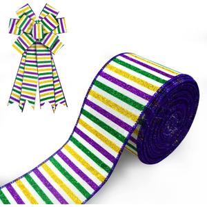 2 x Mardi Gras Ribbons Bows for Wreath, 2.5 Inch 10 Yards Glitter Gold Green Purple Stripes Ribbon Fat Tuesday Holiday Craft Wired Edge Ribbons for Gift Wrapping Mardi Gras Party Decorations (Style 3: Stripes)