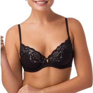 Maidenform Comfort Devotion Push-Up Bra with Lace, Push-Up Lace Bra with Natural Lift, Comfortable Bra with Soft Microfiber, Black W/ Evening Blush, 34D