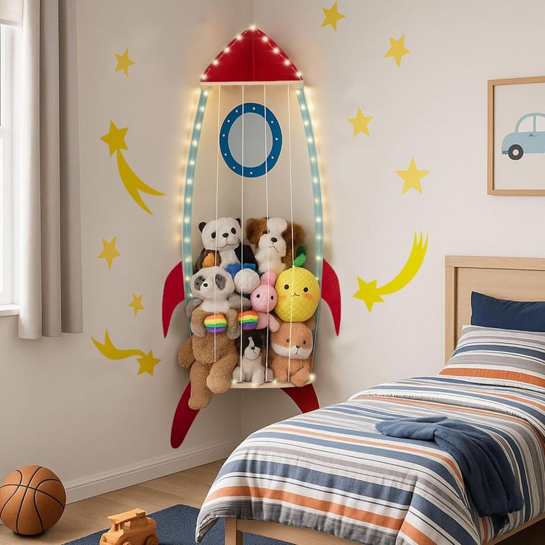 PUTSKA Nursery Furniture Hanging Organizer  Wall Mounted Stuffed Animal Storage for Baby Room, Corner Plush Collection Display & Nursery Organization System, Space-Saving Vertical Storage - Spaceship