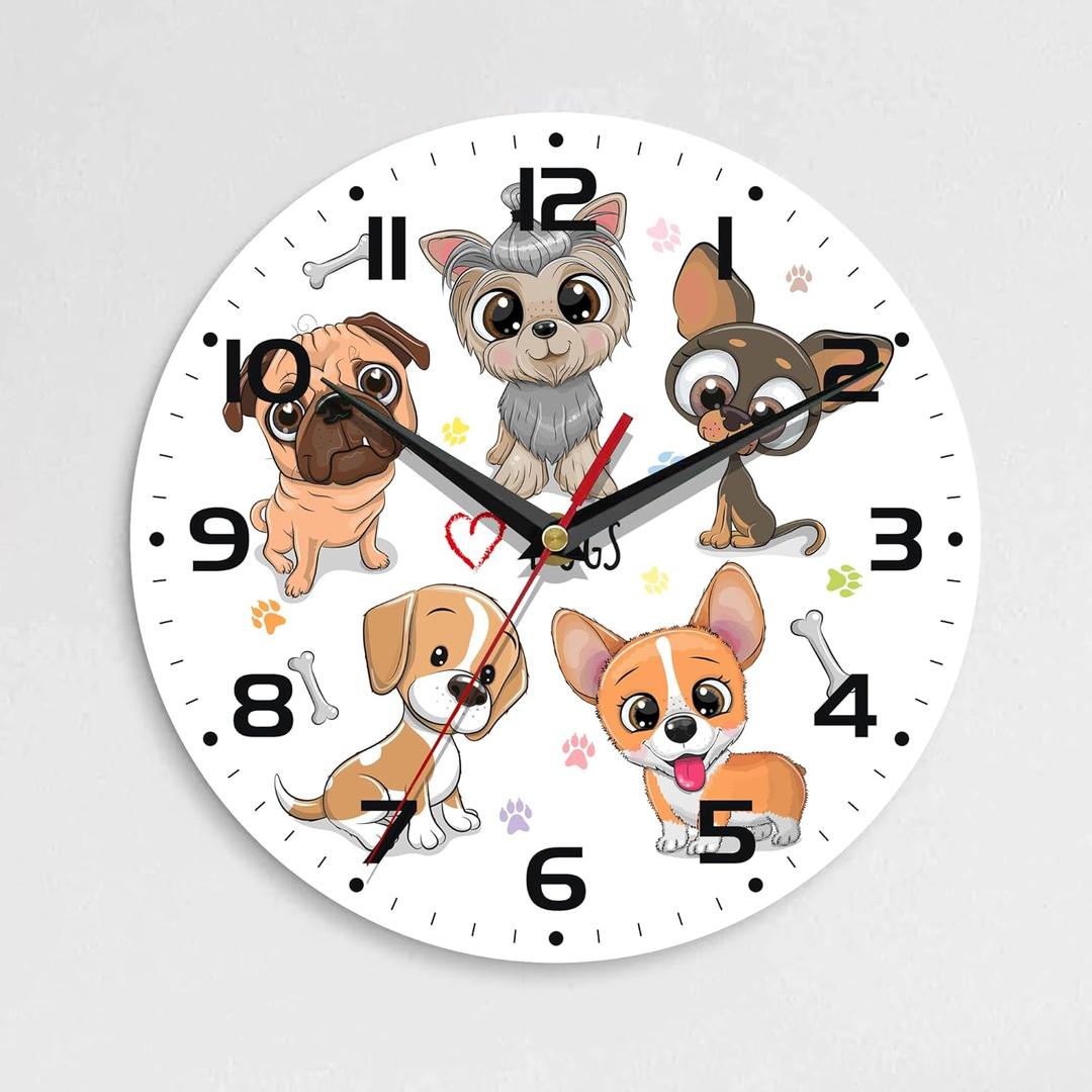 Wall Clock, 10 Inch Silent Non-Ticking Home Kitchen Decor, Battery Operated for Bathroom Bedroom Living Room Office(Cute Dogs)