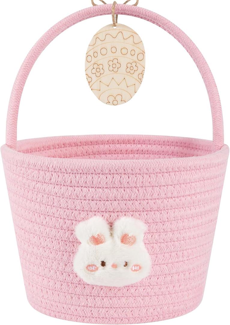 OIAHOMY Gift Basket with Handle, Personalized Baby Basket for Kids, Woven Rope Gift Empty for Toys, Baby Treasure Hunt Baskets with Wooden Card for Boys and Girls - Pink, 7.9"D x 5.9"W x 5.9"H