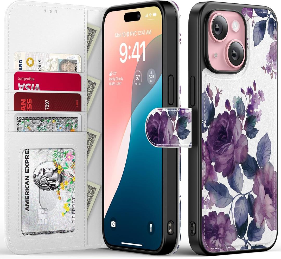 FUNMIKO for iPhone 14 Plus Case Wallet,Detachable Flip Folio Leather Cover,RFID Blocking 4 Card Holder,Magnetic Kickstand,Protective Phone Shell for Women Girls,Purple Blooming Flowers