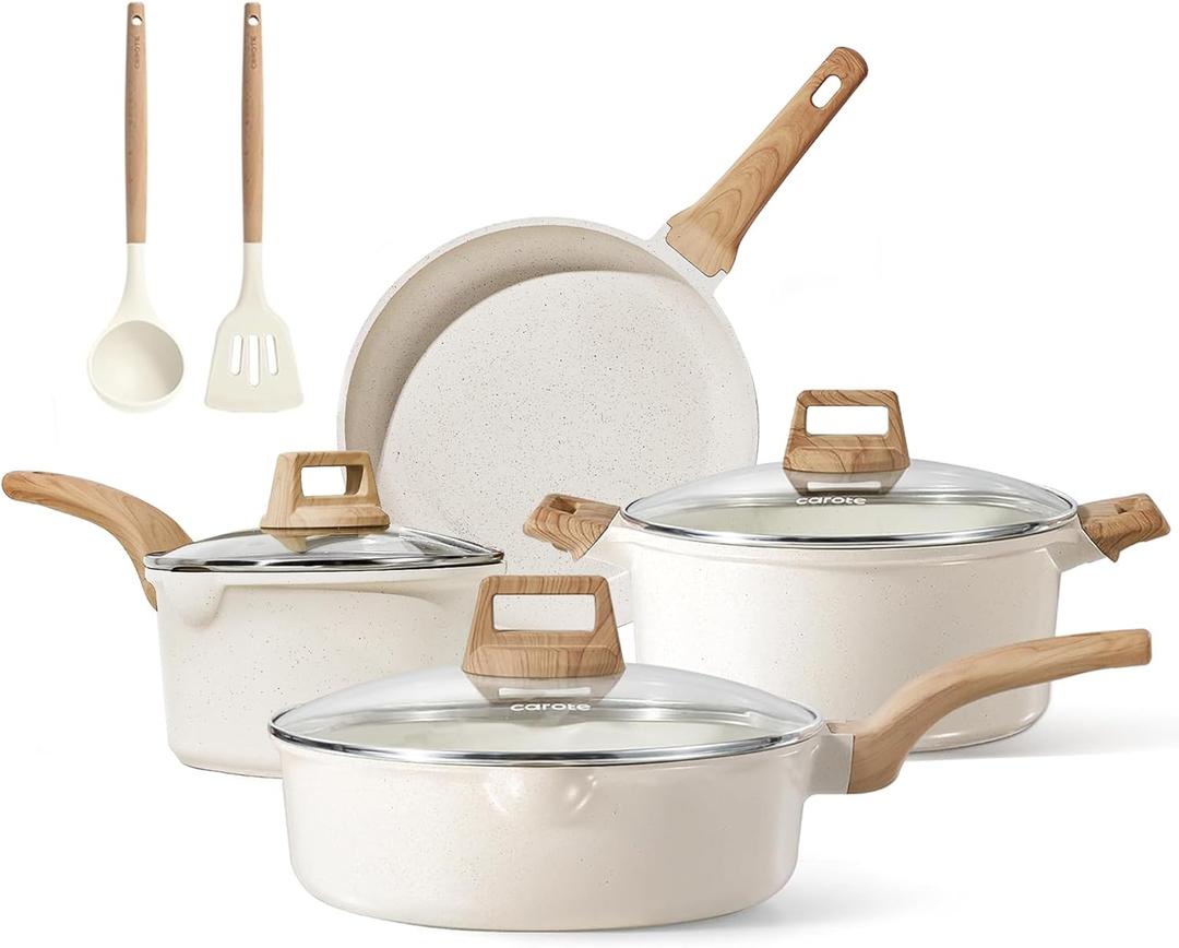 CAROTE Pots and Pans Set Nonstick, White Granite Induction Kitchen Cookware Set, 9 Pcs Non Stick Cooking Set w/Frying Pans & Saucepans
