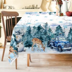 Christmas Tablecloth 52x70 Inches, Holiday Table Cloth for Rectangle Tables - Snowman and Truck Christmas Decorations for Home - Water-Resistant Xmas Decor for Party, Kitchen (Blue)