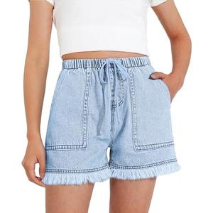 BOOPH Girls Jean Shorts Denim Elastic Waist Drawstring Short for Teen Girl, 11-12 Years