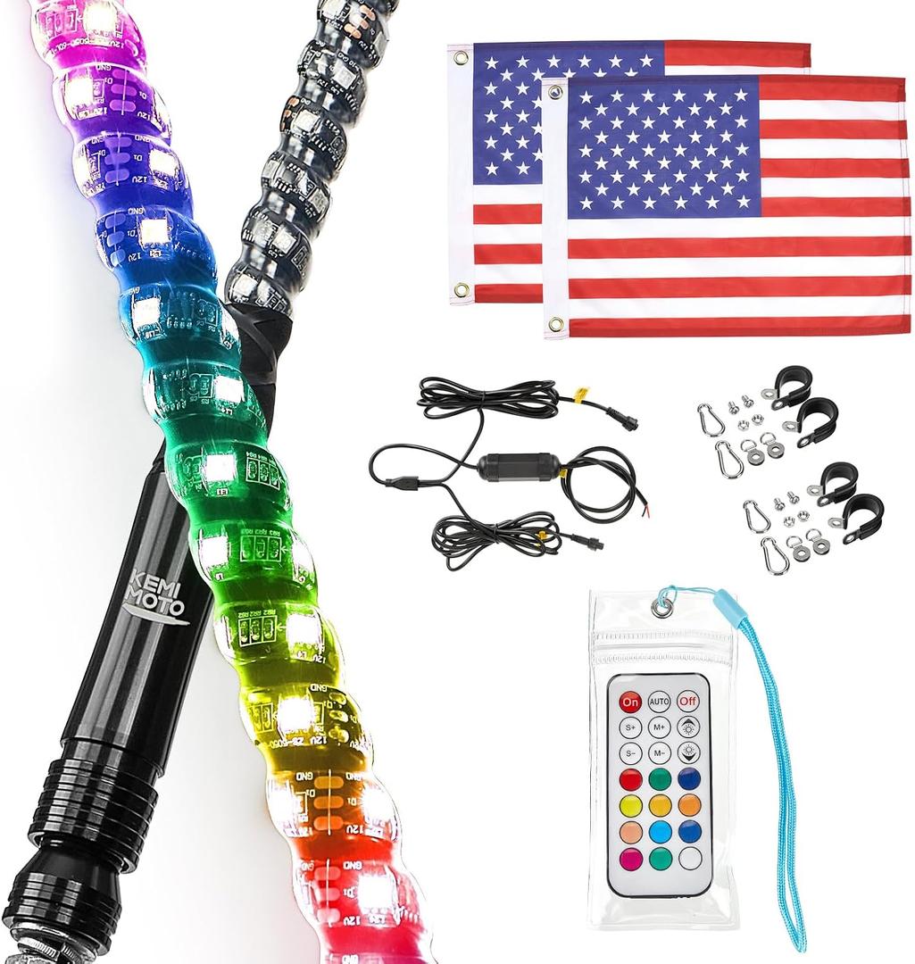 KEMIMOTO 2pc 2ft Spiral LED Whip Lights for UTV, LED Whips for SXS ATV Boat Offroad, RF Remote Control Compatible with Polaris RZR Can-Am Maverick X3 Sportsman Outlander