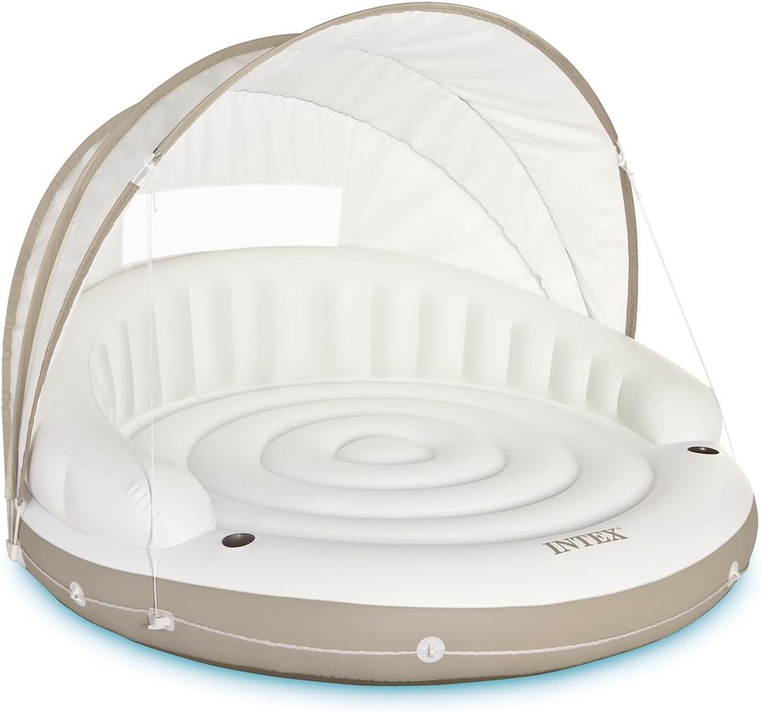 INTEX 58292EP Canopy Island Inflatable Pool Float: Comfortable Lounge Surface  Built-In Cup Holders  Detachable Sunshade  440lb Max Weight Capacity  78.5" x 59"