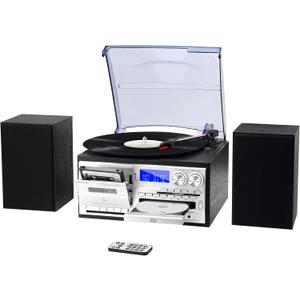 10 in 1 Vintage Record Player with External Speakers, 3 Speed Turntable with Bluetooth, CD Cassette Player, AM FM Radio, USB SD Playback, Remote Control for Home Entertainment, Black