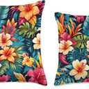 Hawaii Tropical Floral Pattern Hibiscus Flowers Palm Leaves Throw Pillow (16x16)