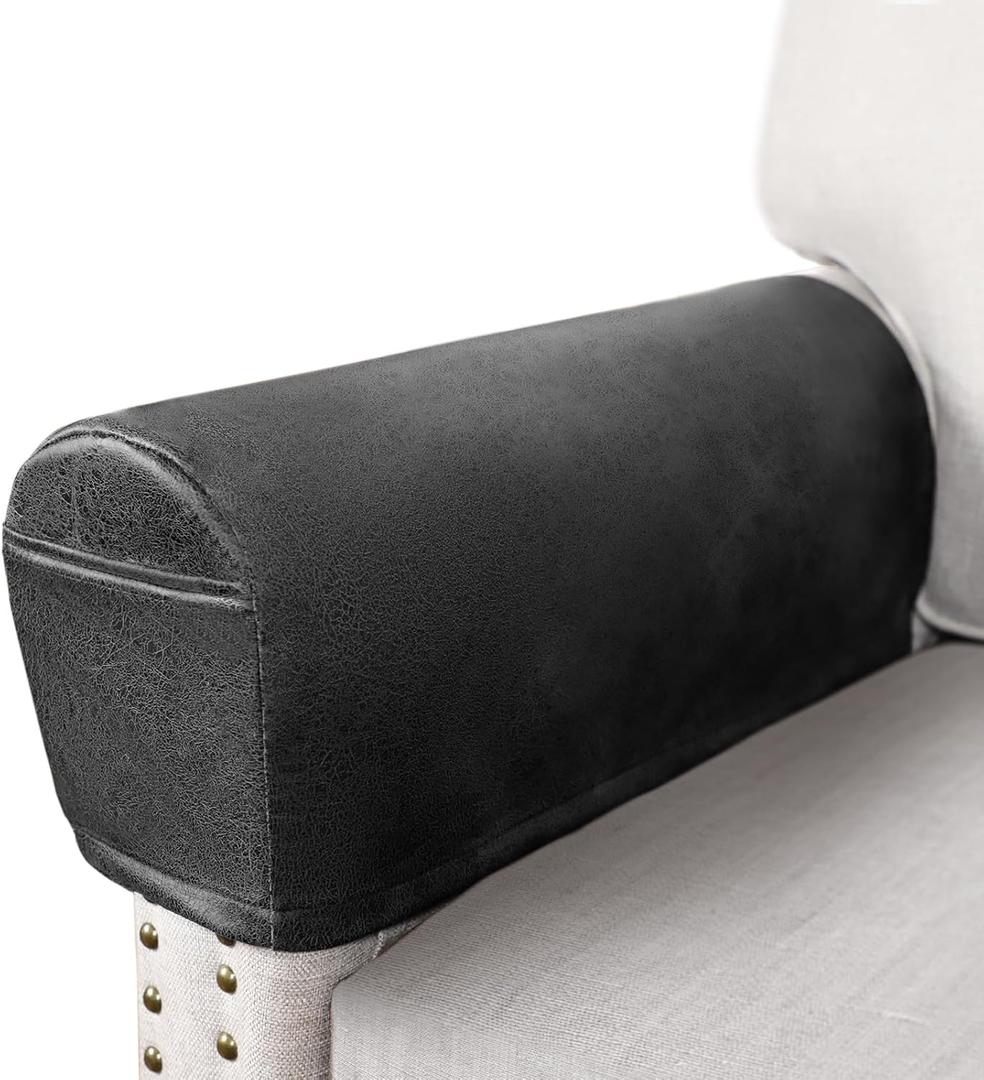 Leather Look Couch Arm Covers Set of 2 Armrest Covers for Sofa Chair Arm Protectors Stretch Armchair Slipcovers with Pockets Washable Spandex Fabric (Large, Dark Grey)
