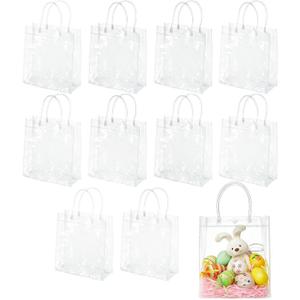 WhizToys 10PCS Small Clear Plastic Gift Bags with Handles, 5.9x6.3x2.8Inches, Mini Transparent PVC Bulk Tote Goodie Bag for Easter, Party FavorsWeddingBirthday