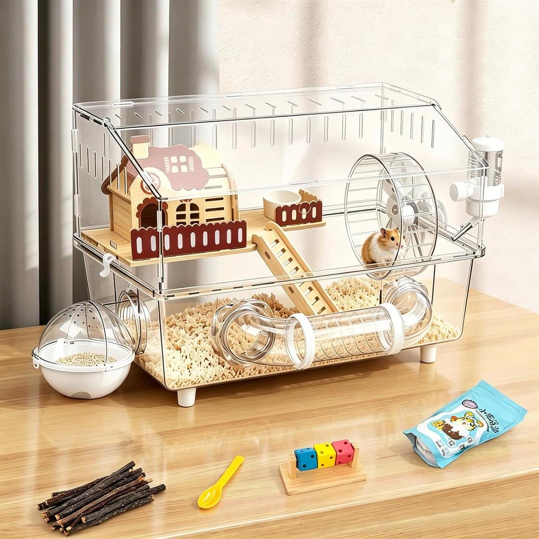 12 in 1 Acrylic Hamster Cage with All Accessories,17.7"x13"x11.8", Full Transparent Viewing, Top Open Mouse Cage for Pet Mice,Dwarf Hamster,Gerbils (Transparent)
