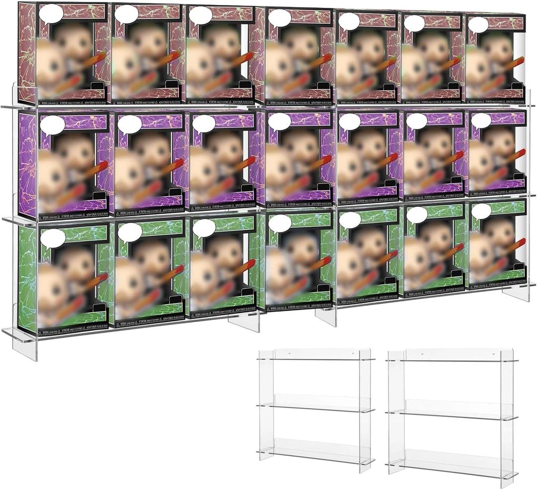 2 PCS Wall Display Shelves Compatible with 21 Funko Pop in Box, Clear Acrylic Floating Rack Expansion Design, Wall Mounted Collectibles Display Stand for Action Figures, Easy to Intall