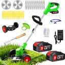 Electric Weed Wacker Cordless Eater,21V No String Trimmer Battery Powered,Lightweight Grass Trimmer/Brush Cutter/Edger/Mini Mower with Wheels & Metal Blade,Stringless Weed Trimmer for Lawn Yard Garden