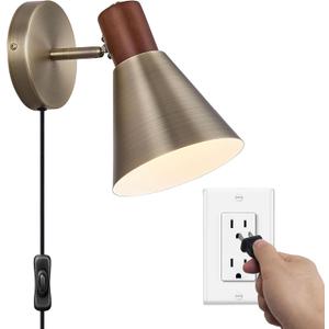 Plug in Wall Sconces Lighting Fixture Pack of 2, Wooden Adjustable Bedside Wall lamp for Industrial Bedroom, Living Room Bathroom Sink Lighting (1, Vintage Brass)