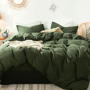 MooMee Bedding Duvet Cover Set 100% Washed Cotton Linen Like Textured Breathable Durable Soft Comfy (Solid Olive Green, King 104"x90")
