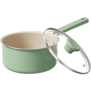 Redchef Ceramic Nonstick Saucepan with Lid, 2.5QT Small Cooking Pot, Non Toxic Sauce Pans for Kitchen, Cool Handle PFAS Free Compatible with All Cooktops, Green