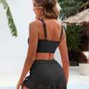 Women High Waisted Bikini Sets Tummy Control Two Piece Bathing Suit Mesh Petal Cutout Swim Skirt (Black, L)