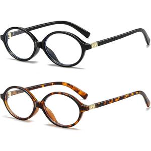 Oval Retro Blue Light Blocking Glasses for Women Men Vintage Fashion 90s Small Face Computer Screen Gaming TV Phones Anti Eyestrain & UV Glare Glasses Non-prescription (2 Pack of Black+leopard)
