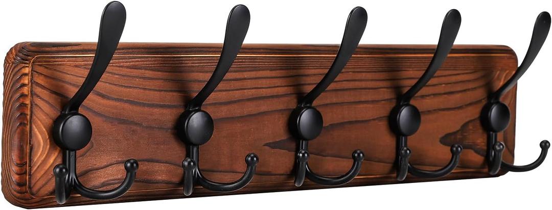Kruodop Large Coat Rack Wall Mount Coat Hooks Coat Hanger with 10 Metal Black Triple- Hooks Brown Pine Real Wood Plank Hat Rack for Wall Hooks for Hanging Coat Hat Jacket