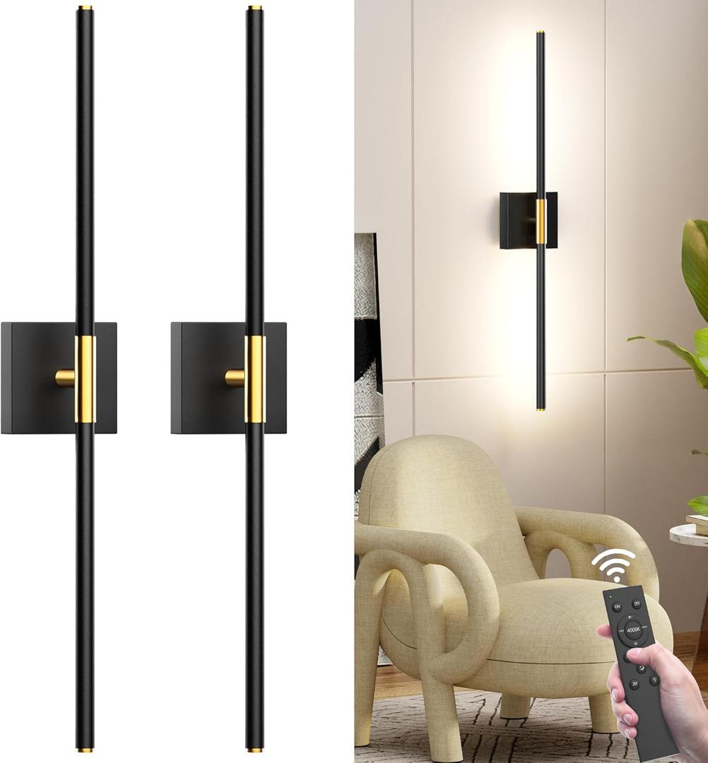 31.5 Inch Battery Operated Wall Sconce Set of Two, 8000mAh USB Rechargeable Wall Sconce with Remote Control, 360Rotate Dimmable 3000K-6000K LED Wall Lights for Living Room, Hallway, Bedroom, (2 Pack) (Black and Gold)