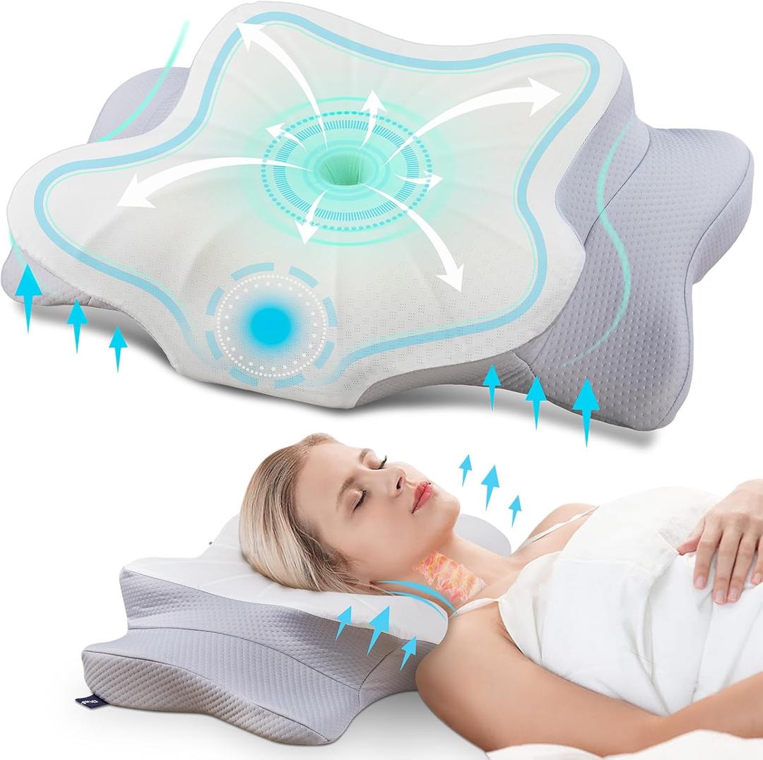 DONAMA Cervical Pillow for Neck and Shoulder,Contour Memory Foam Pillow,Ergonomic Neck Support Pillow for Side Back Stomach Sleepers with Pillowcase-Standard Size (Standard Size 21.65"Lx12.12"Wx4.33"H, Light Grey)
