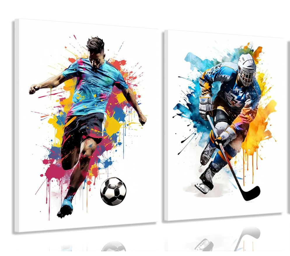 Soccer Graffiti Canvas Wall Art Baseball Lce Hockey Pictures Wall Decor Physical Education Player Posters Prints Paintings for Teenagers Children'S Room Sports Enthusiasts Home Decoration, Pack of 2