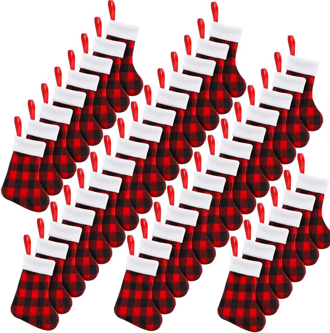 BBTO 36 Pieces Plush Cuff Christmas Mini Stockings 7 Inch Buffalo Plaid Hanging Stockings Xmas Candy Holder Tableware Holders (Red and Black)