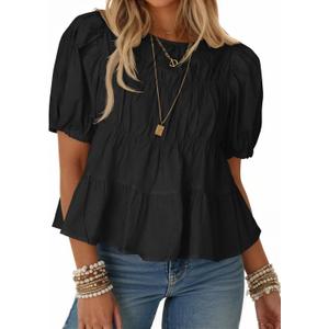Tankaneo Womens Puff Sleeve Peplum Babydoll Tops Summer Flowy Pleated Cotton T-Shirts Casual Loose Fit Cute Blouse (Black, M)