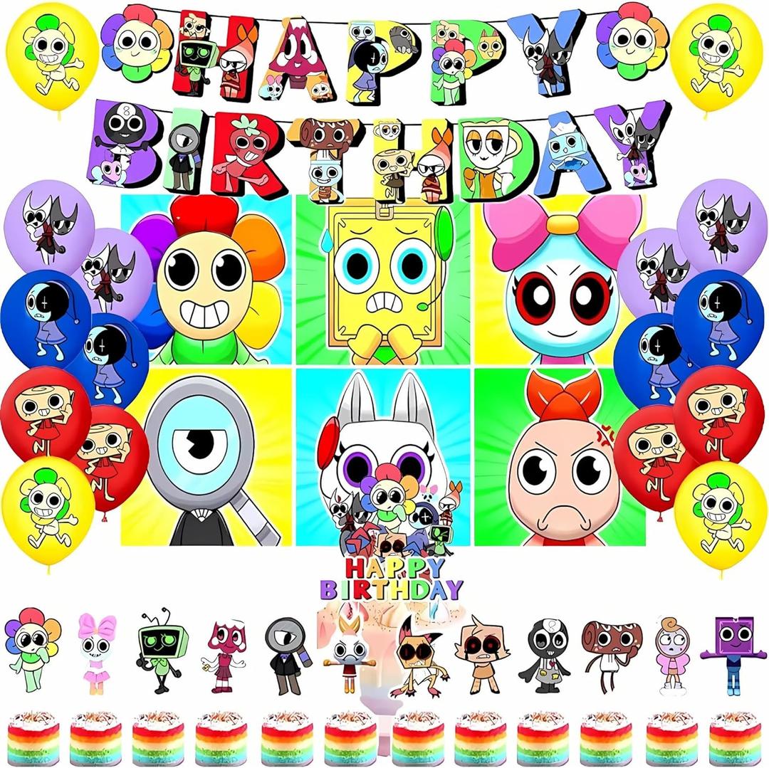 Dandy's World Birthday Party Decorations Supplies Happy Birthday Banner Cake Cupcake Toppers Balloons Background