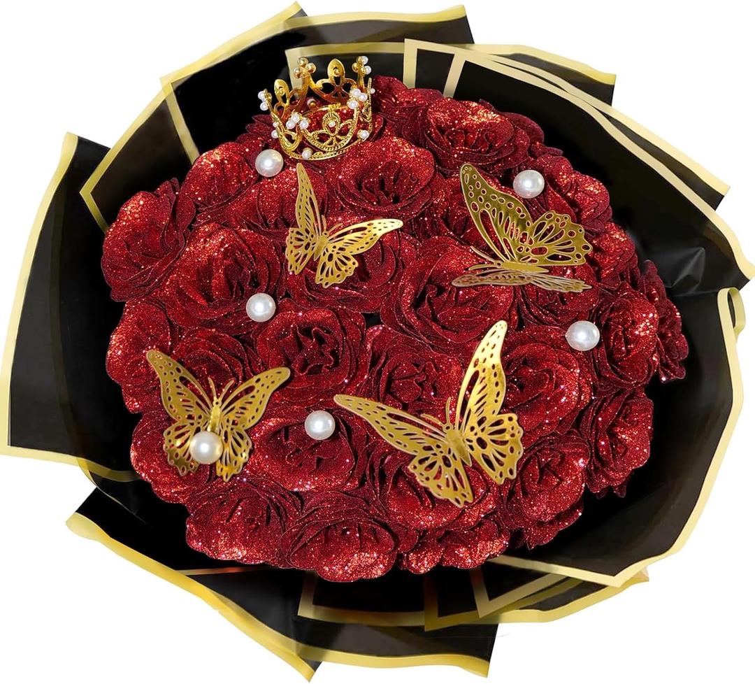 Red Glitter Roses Bouquet, 24 Pcs Shiny Glitter Flowers Bouquet, Everlasting Artificial Roses Bouquet for Mothers Day, Birthday, Anniversary, Wedding, Engagement, Christmas